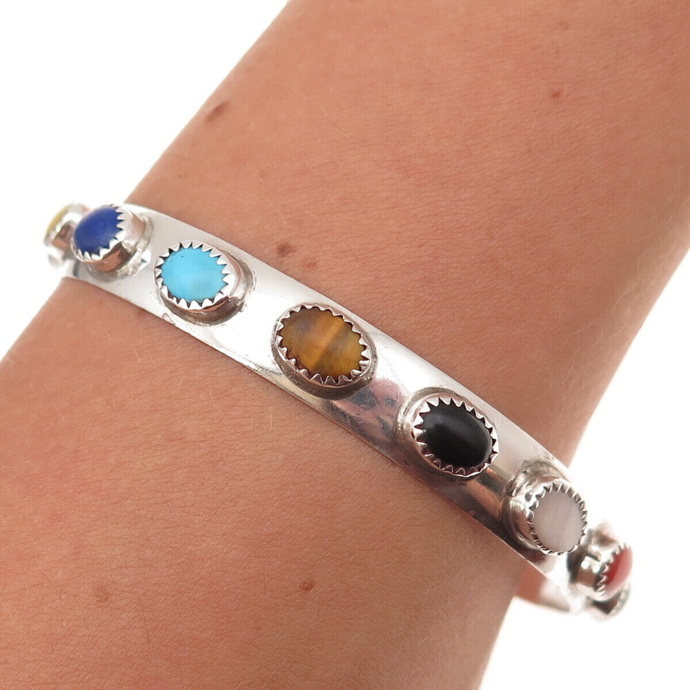 Lenora Begay Navajo Old Pawn 925 Sterling Vintage Multi-Gem Bangle Bracelet 8"